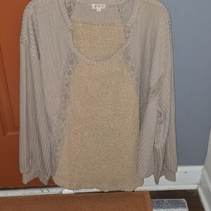 POL Beige Knit Boho Top with Lace Details L